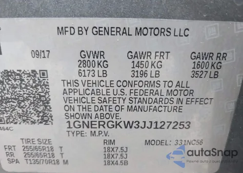 2018 Chevrolet Traverse 1Lt z USA, uszkodzony, nr VIN 1GNERGKW3JJ127253